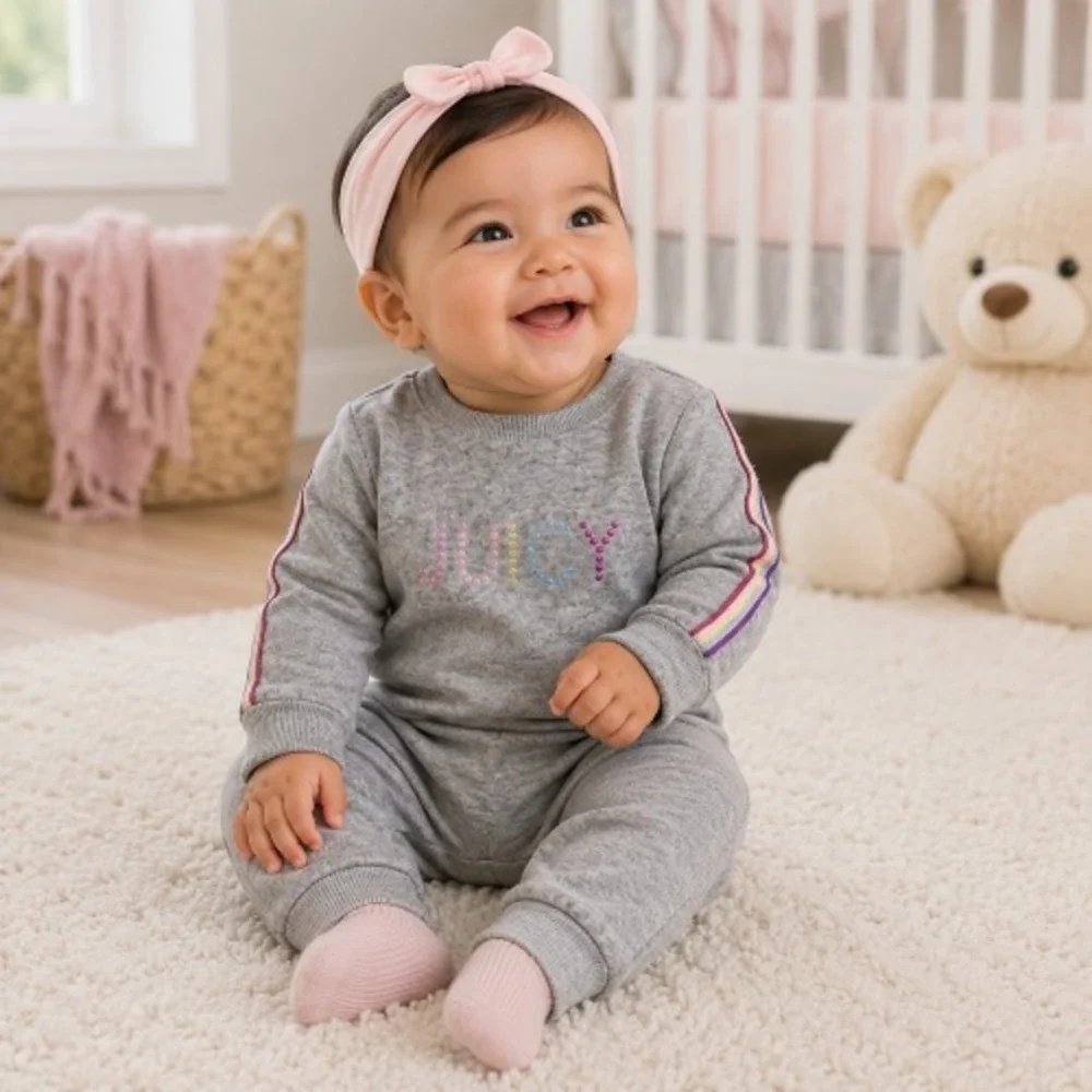 Juicy Couture Baby Girls Gray Long Sleeve Coverall – 3/6M – Rhinestone Logo